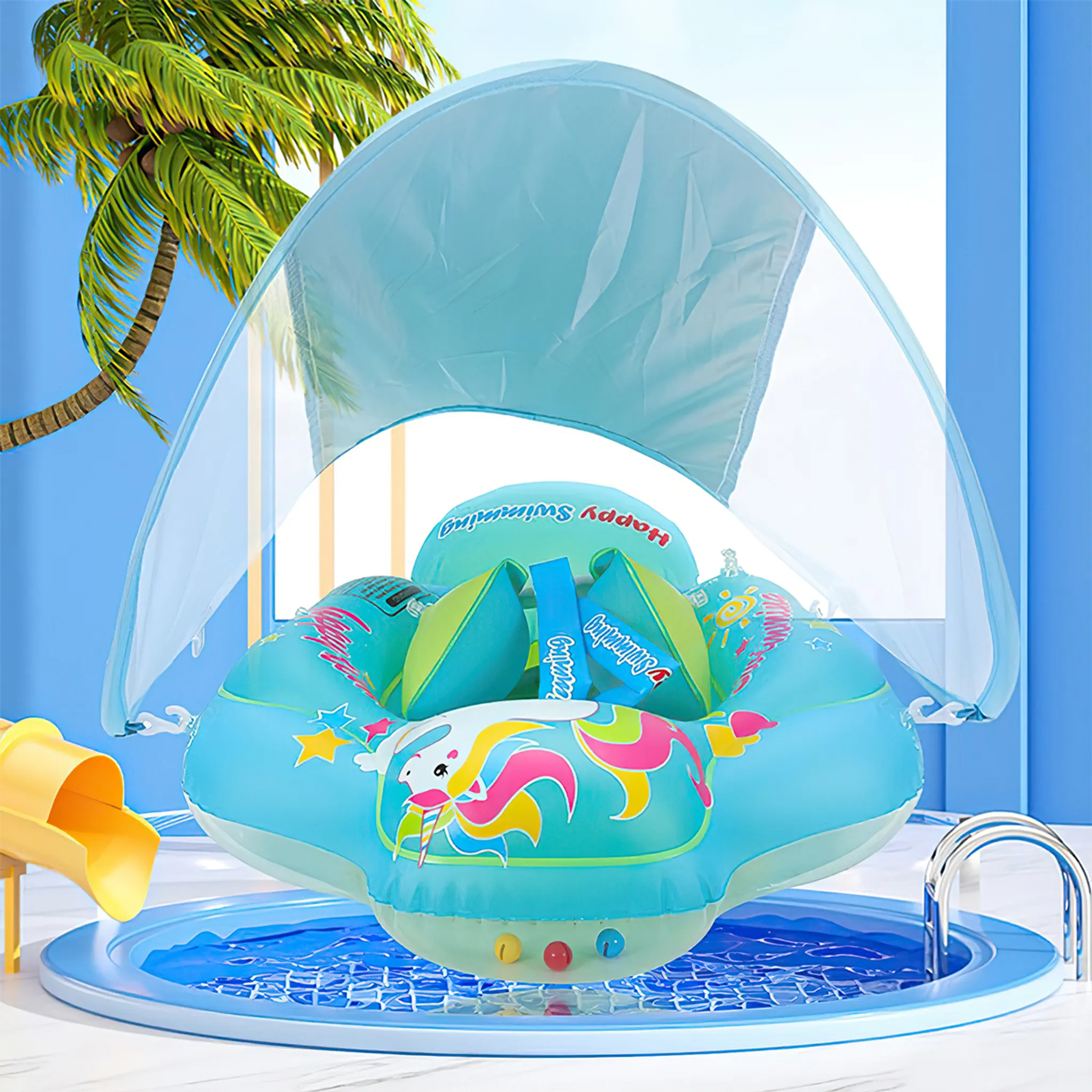 Ein blaues aufblasbares Schwimmring mit Sonnendach und Einhorn-Aufdruck in einem Pool.
