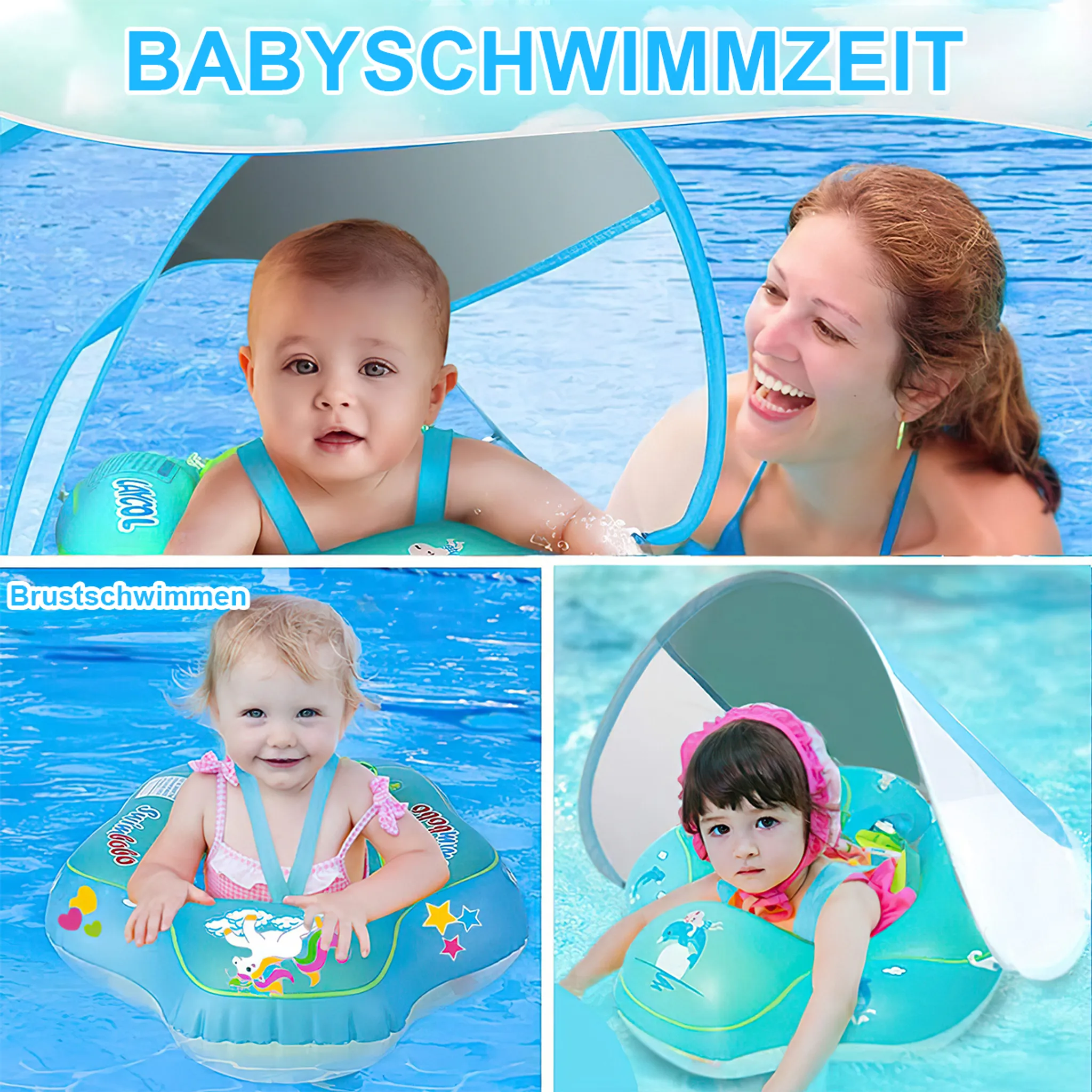 Drei Babys in Schwimmringen mit Sonnendach im Pool. Ein Baby lächelt.