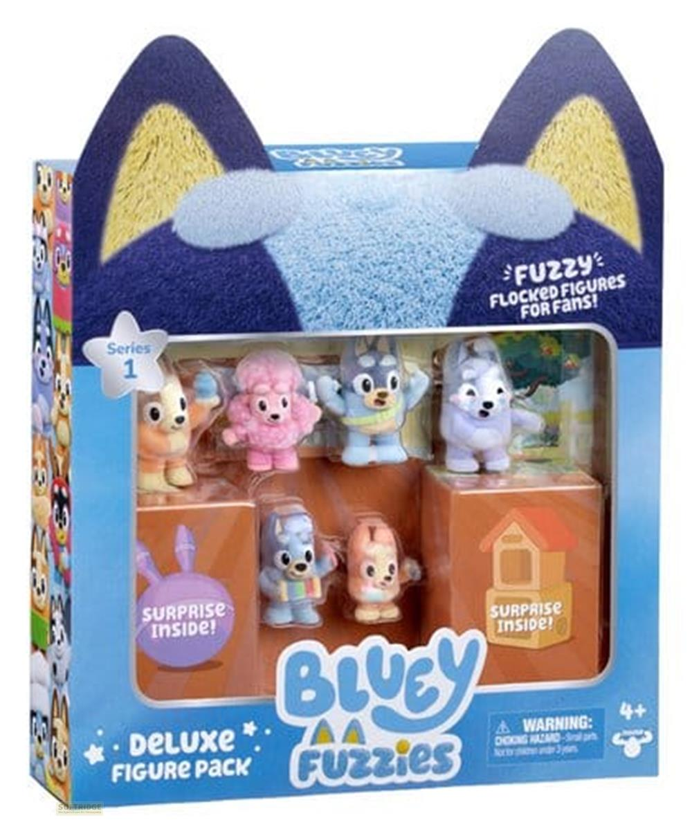 Verpackung mit Bluey-Figuren: 6 kleine, flauschige Charaktere, Serie 1.