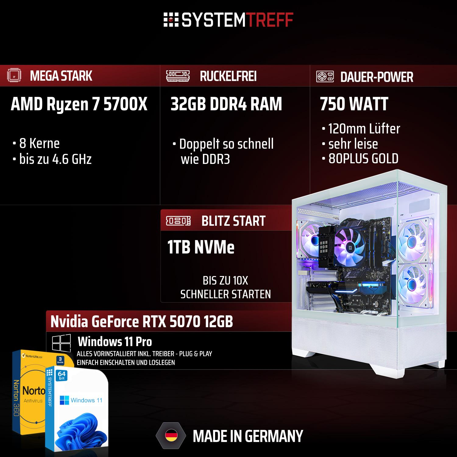 Gaming-PC mit AMD Ryzen 7, 32GB RAM, 1TB NVMe, RTX 5070 und Windows 11 Pro.