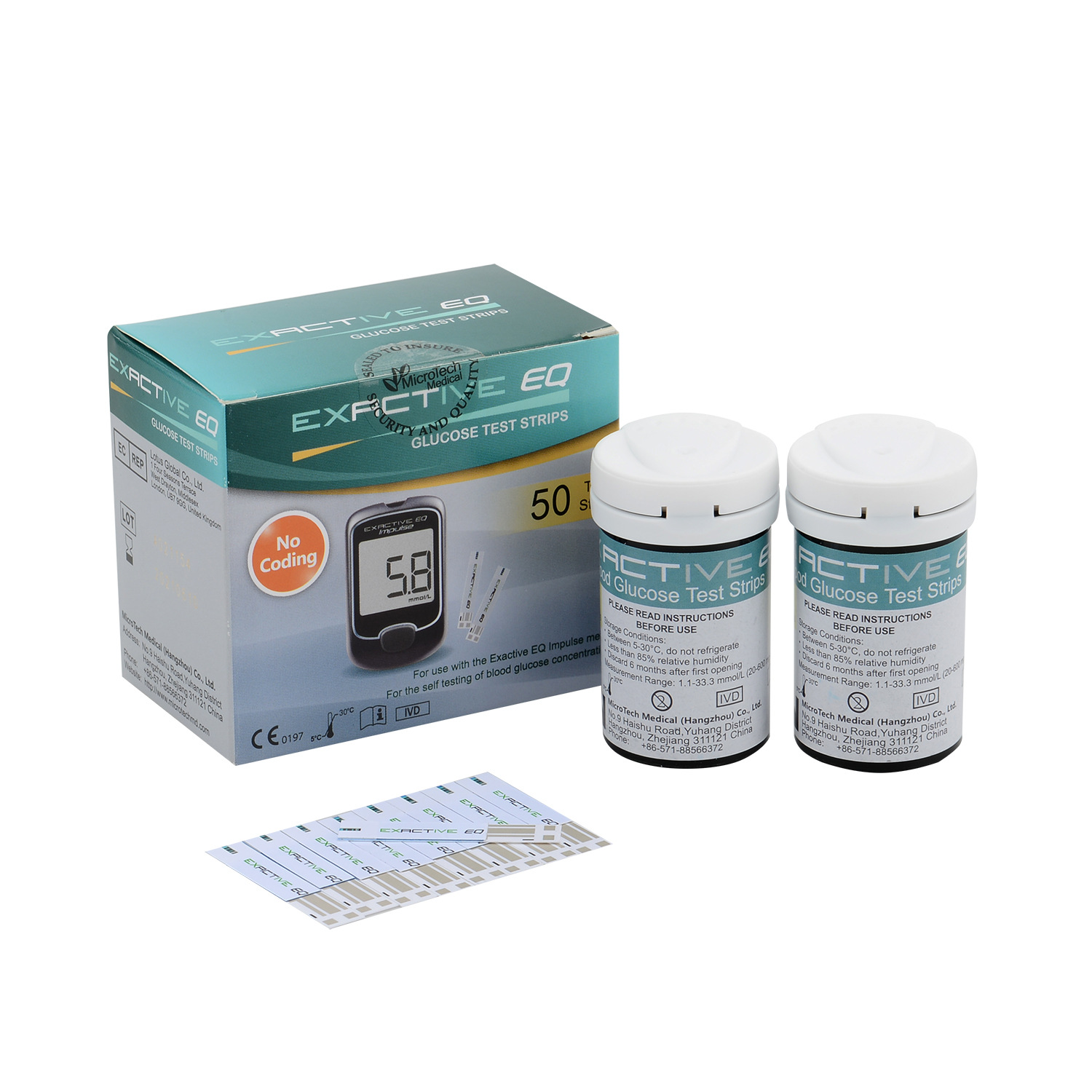 Ein Karton und zwei Röhrchen mit Exactive EQ Glukoseteststreifen.