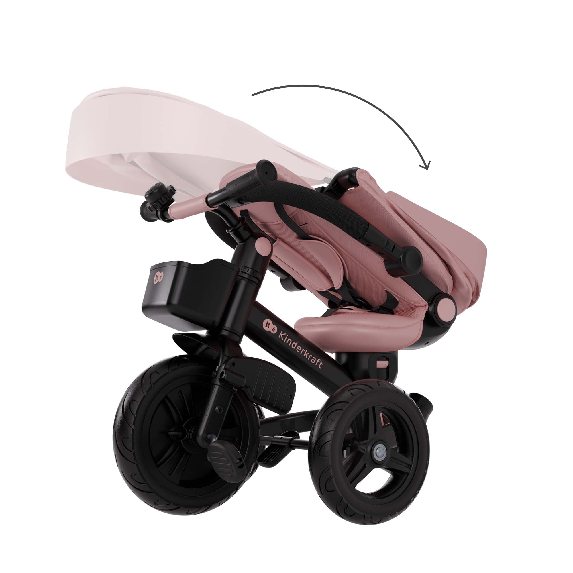 Ein rosafarbener Kinderwagen mit schwarzem Rahmen und Rädern, der zusammengeklappt wird.