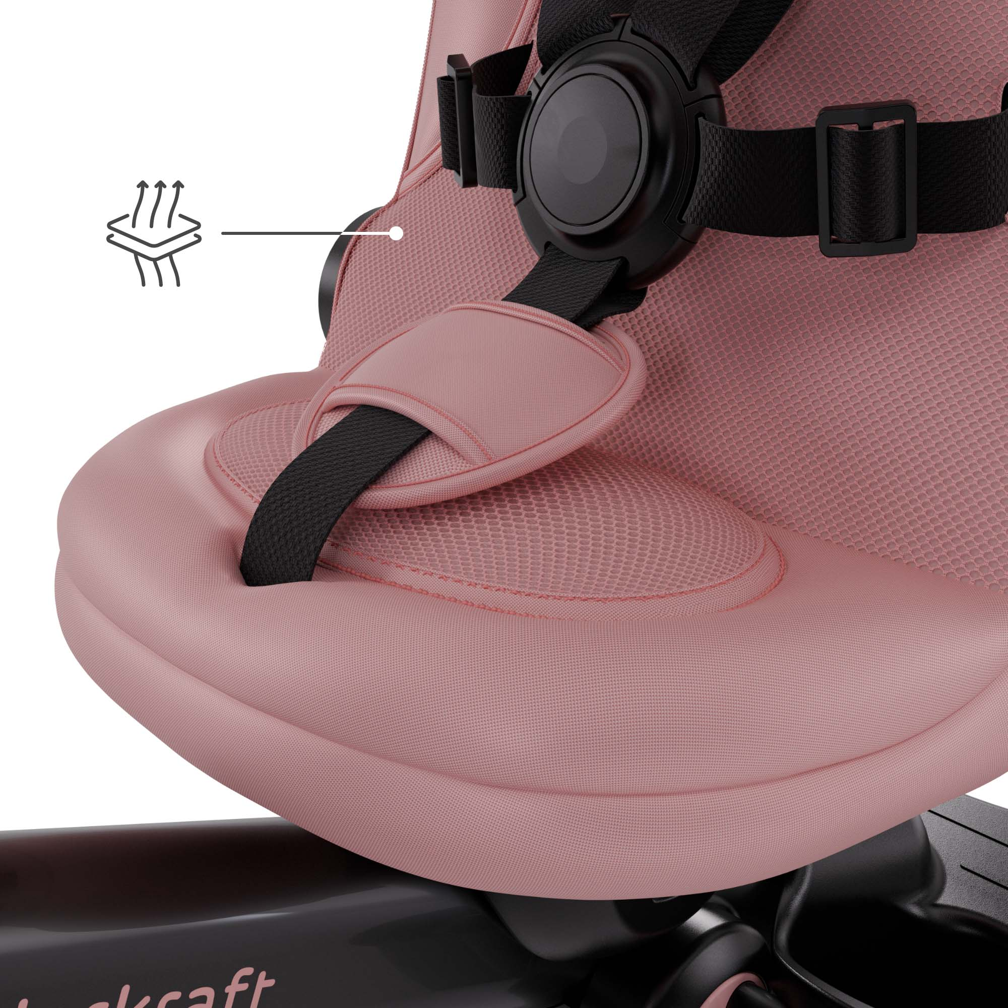 Rosa Sitz mit schwarzen Gurten und einem Belüftungssymbol.