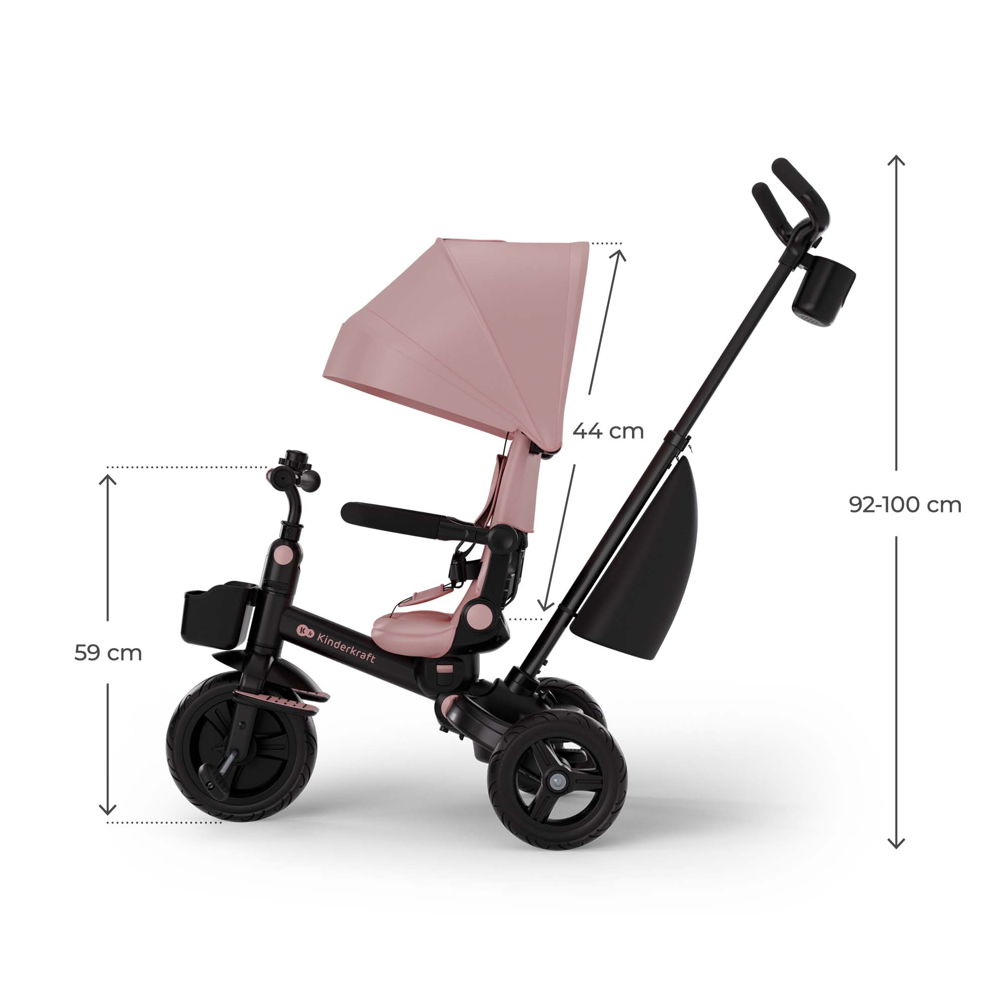 Ein rosafarbener Dreirad-Kinderwagen mit schwarzen Rädern und Griffen.