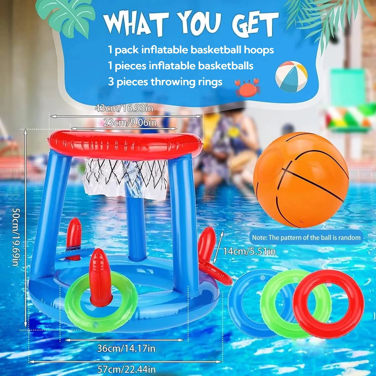 Aufblasbarer Pool-Basketballkorb mit Ball und Ringen auf Wasser.