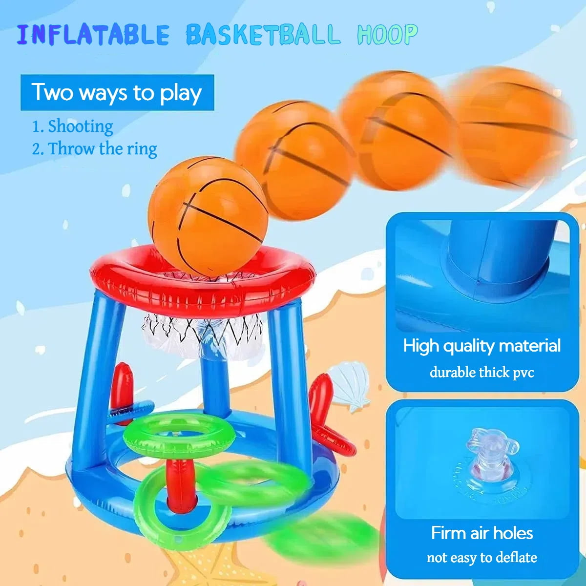 Aufblasbarer Basketballkorb mit Bällen und Ringen, zwei Spielarten.