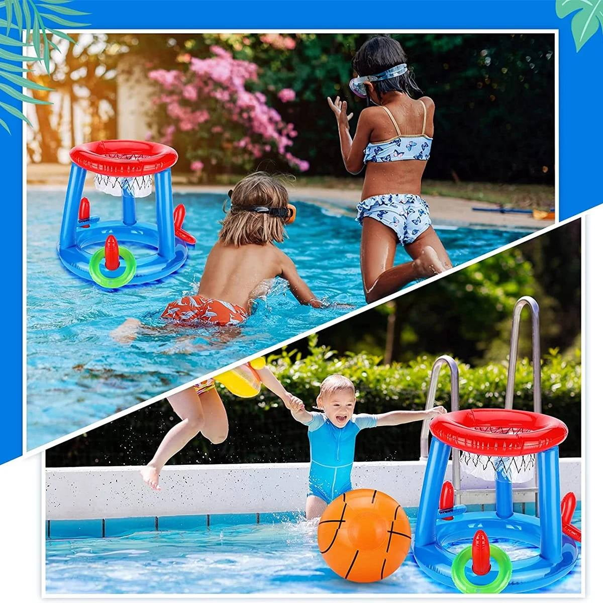 Kinder spielen mit aufblasbarem Basketballkorb im Pool an einem sonnigen Tag.