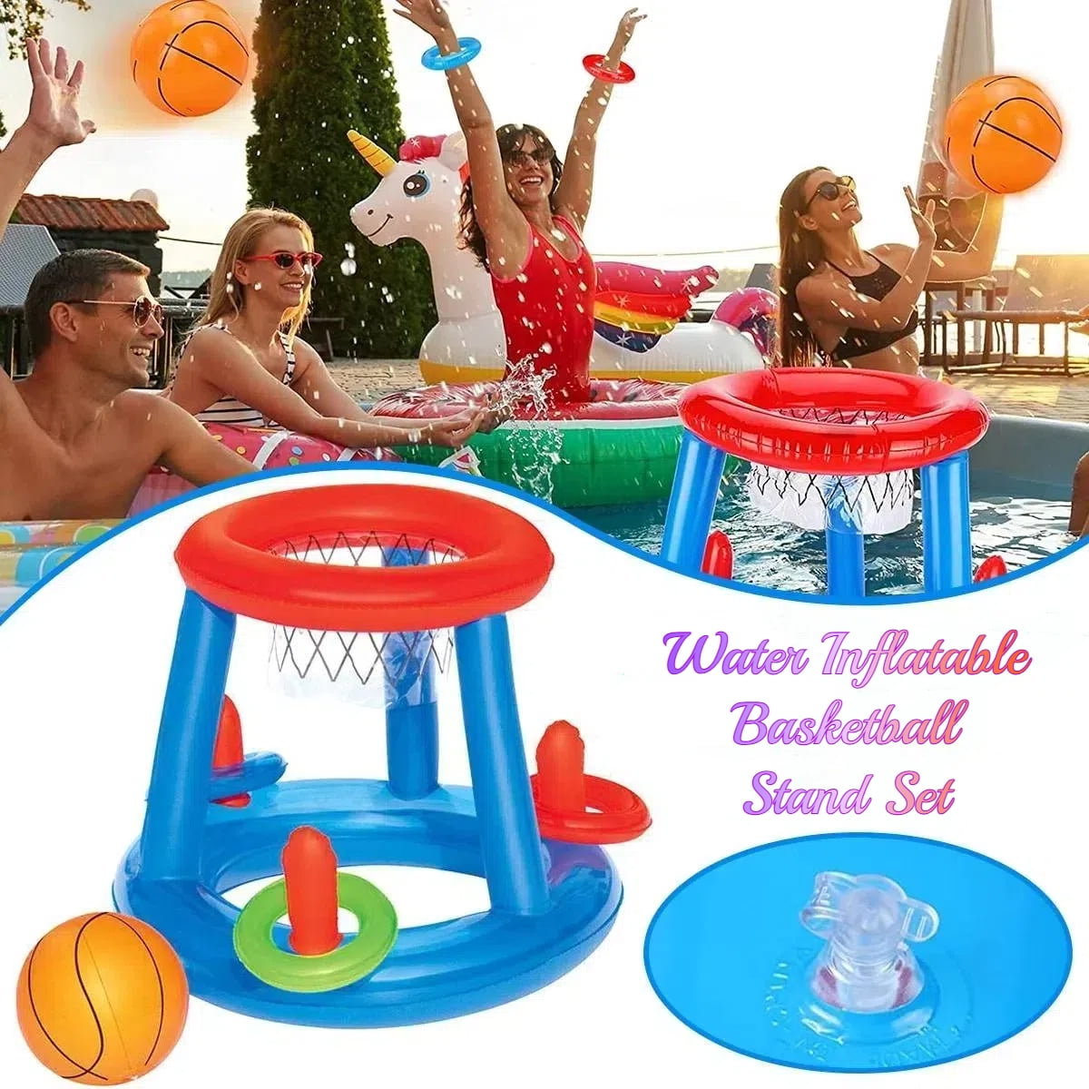 Aufblasbarer Wasser-Basketballkorb mit Ball und Ringen im Pool.