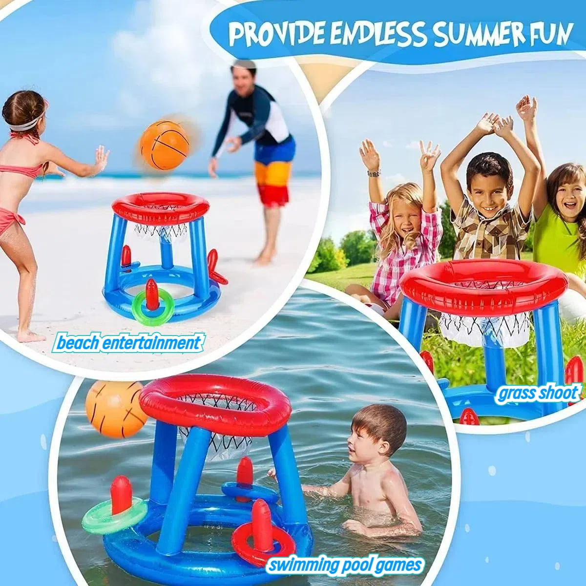 Aufblasbarer Basketballkorb für Strand, Rasen und Pool mit Kindern.
