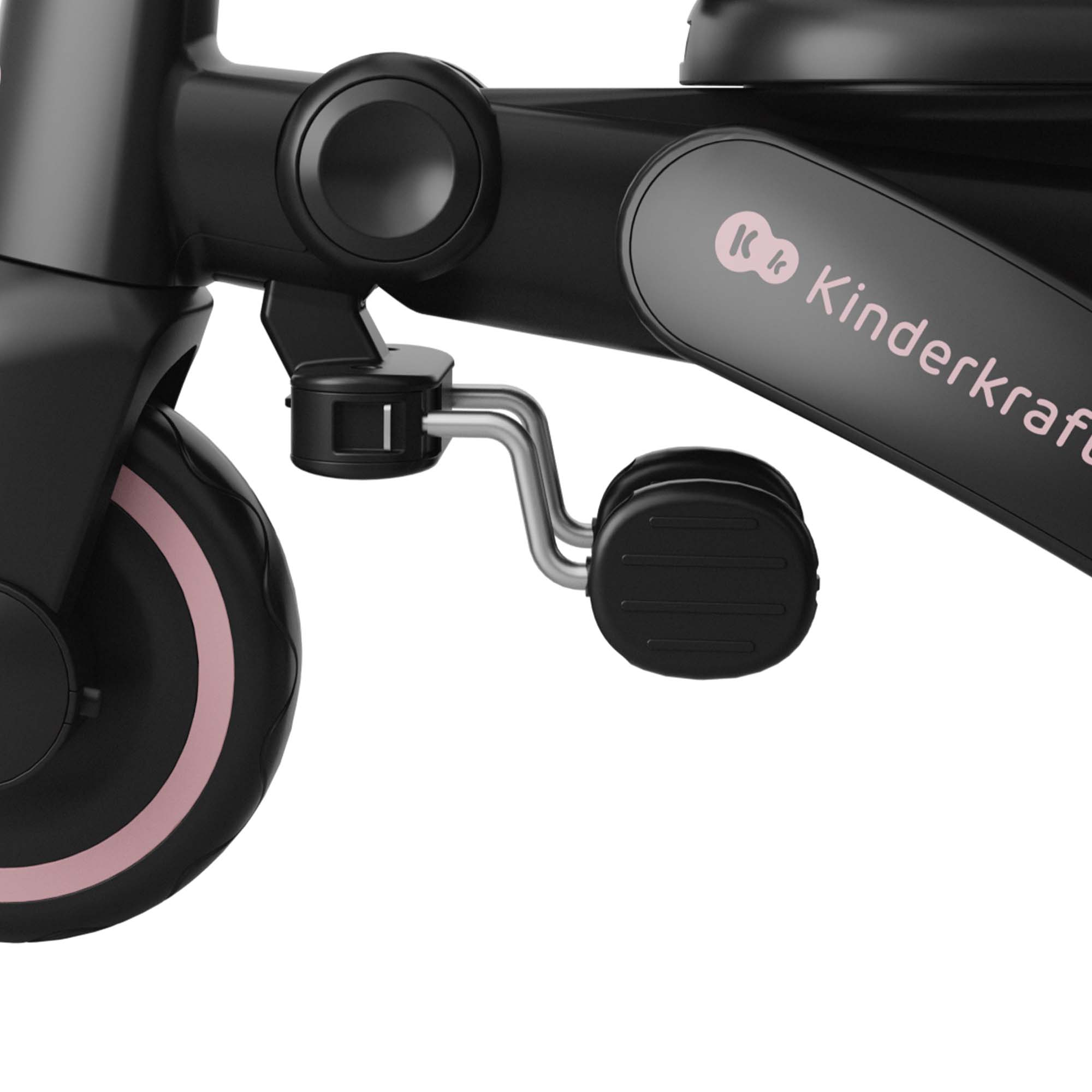 Primer plano de triciclo negro con rayas rosas en la rueda y logo.