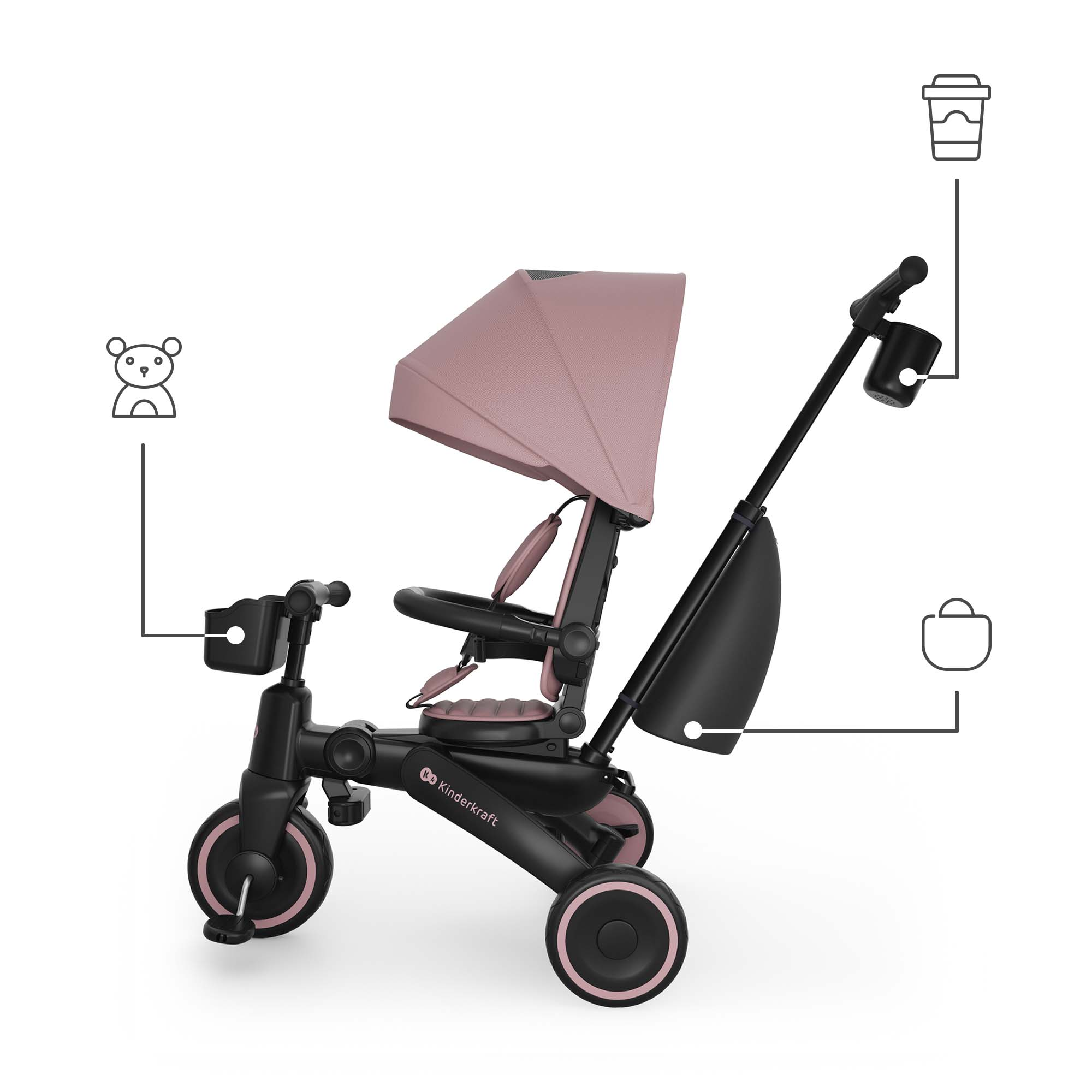 Ein rosafarbener Kinderdreirad-Kinderwagen mit Verdeck, Sitz und Tasche.