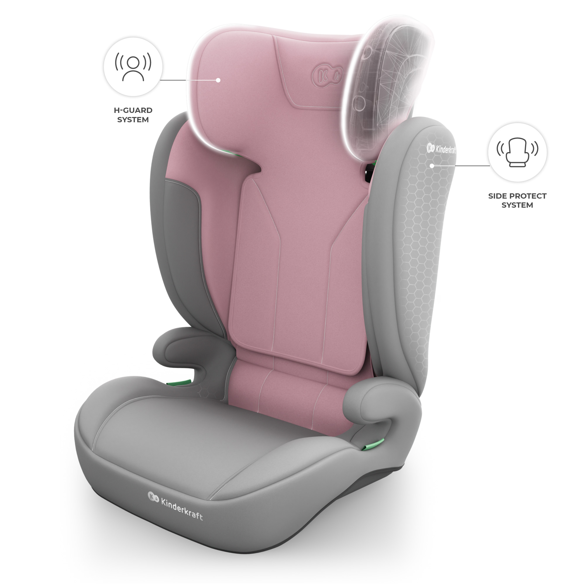 Ein rosafarbener und grauer Kindersitz mit H-Guard und Seitenaufprallschutz.