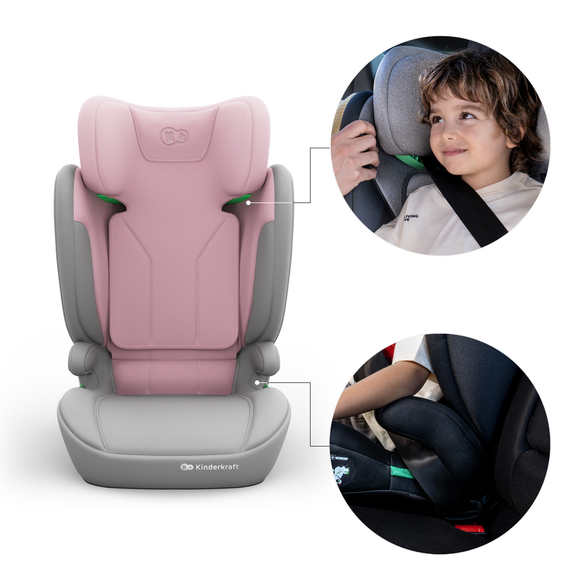 Rosa Kindersitz mit Kopfstütze und Sitzflächenverkleinerer. Detailansicht eines Jungen im Sitz.