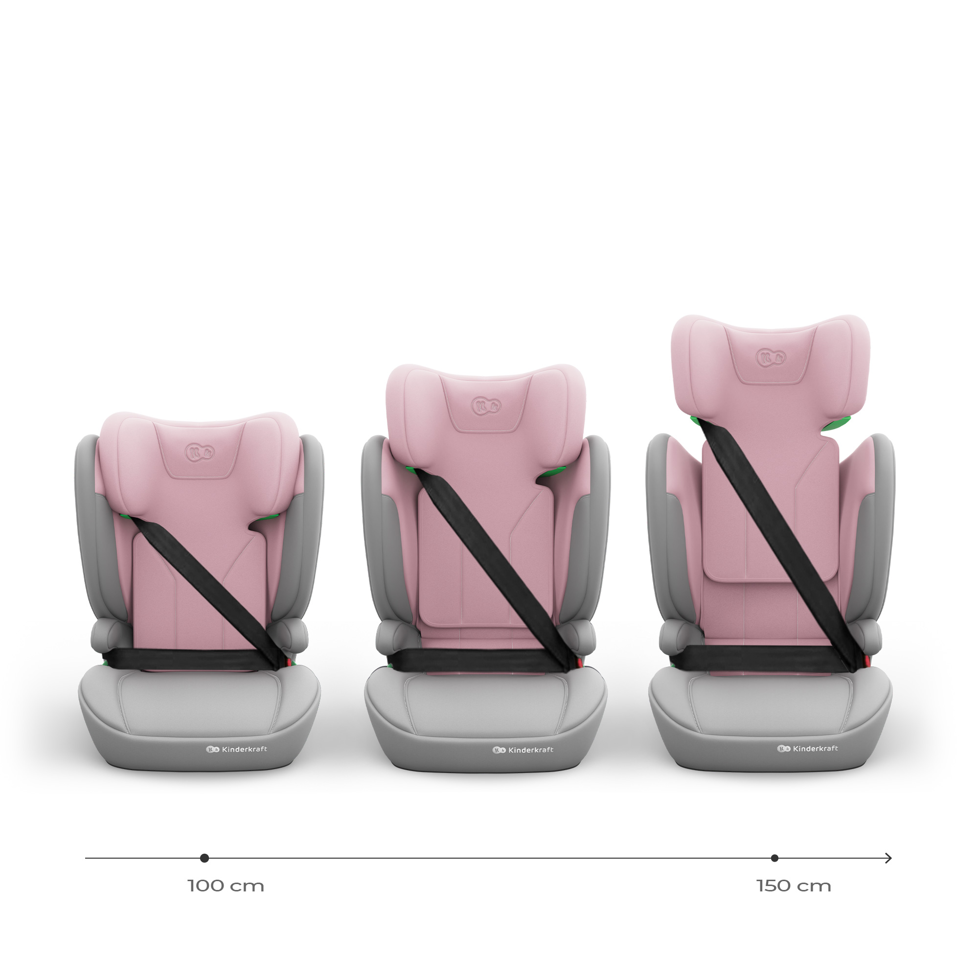 Drei rosa Kindersitze nebeneinander, verschiedene Größen, mit schwarzen Gurten.