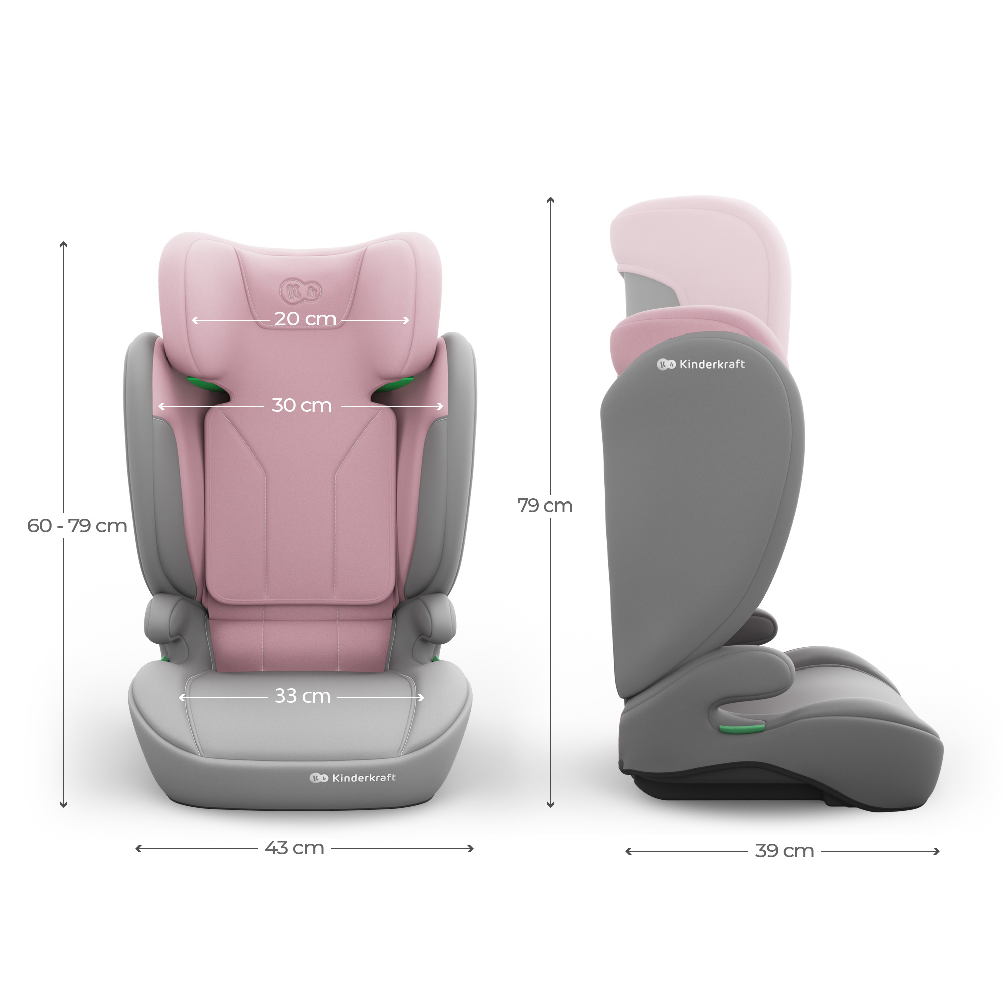 Ein rosa und grauer Kindersitz mit Maßen: 20, 30, 33, 43, 60-79, 79 cm.