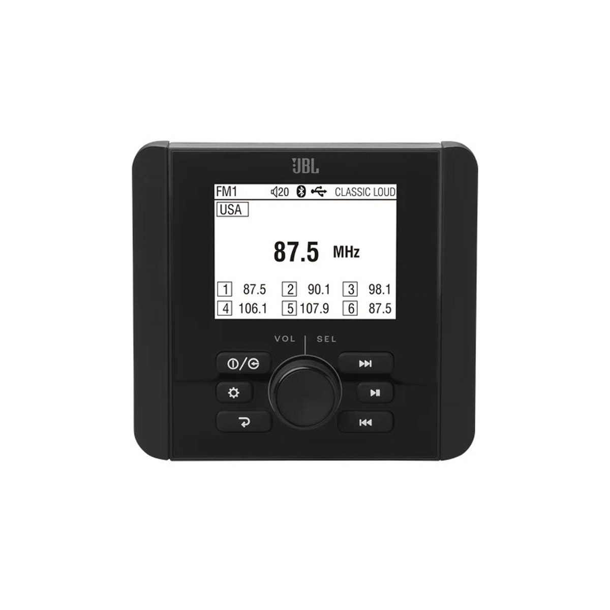 Ein schwarzes JBL-Radio mit einem digitalen Display, das 87.5 MHz anzeigt.