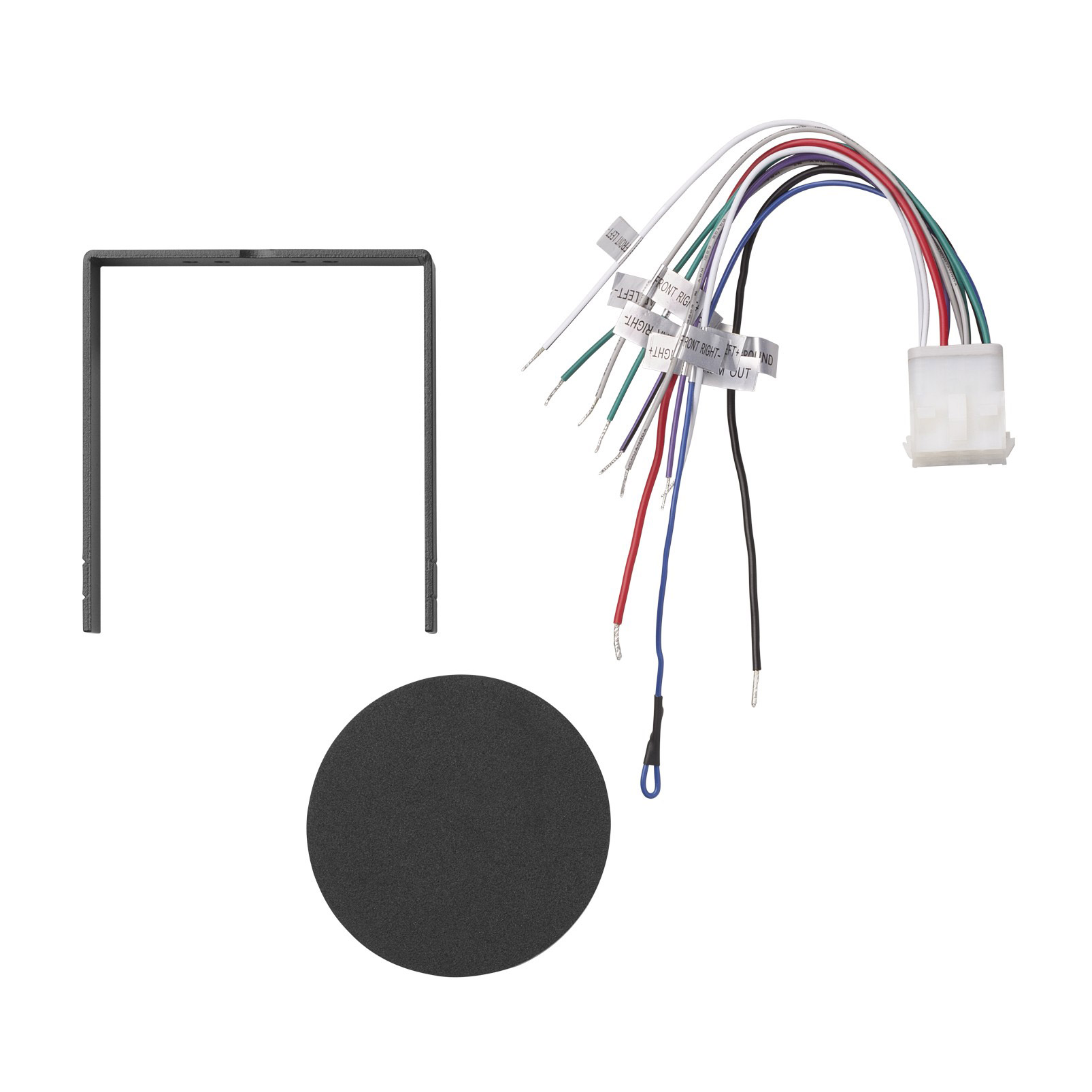 Ein grauer Metallrahmen, eine schwarze runde Unterlage und ein Kabelbaum mit weißem Stecker.