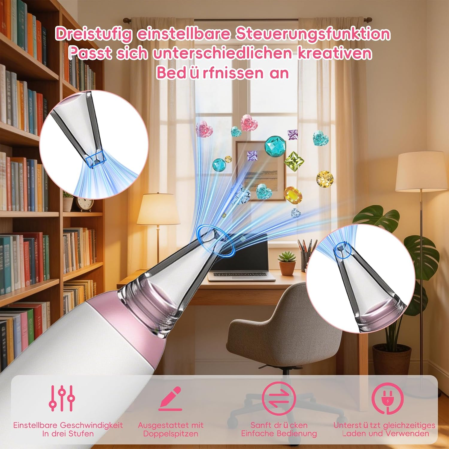 Ein weiß-pinkes Gerät mit blauem Lichtstrahl, das auf einen Schreibtisch mit Büchern, Lampe und Pflanzen zielt.