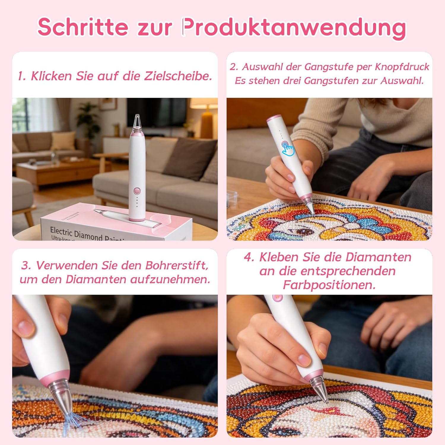 Schritte zur Produktanwendung: Zielscheibe klicken, Gangstufe wählen, Bohrerstift nutzen, Diamanten kleben.