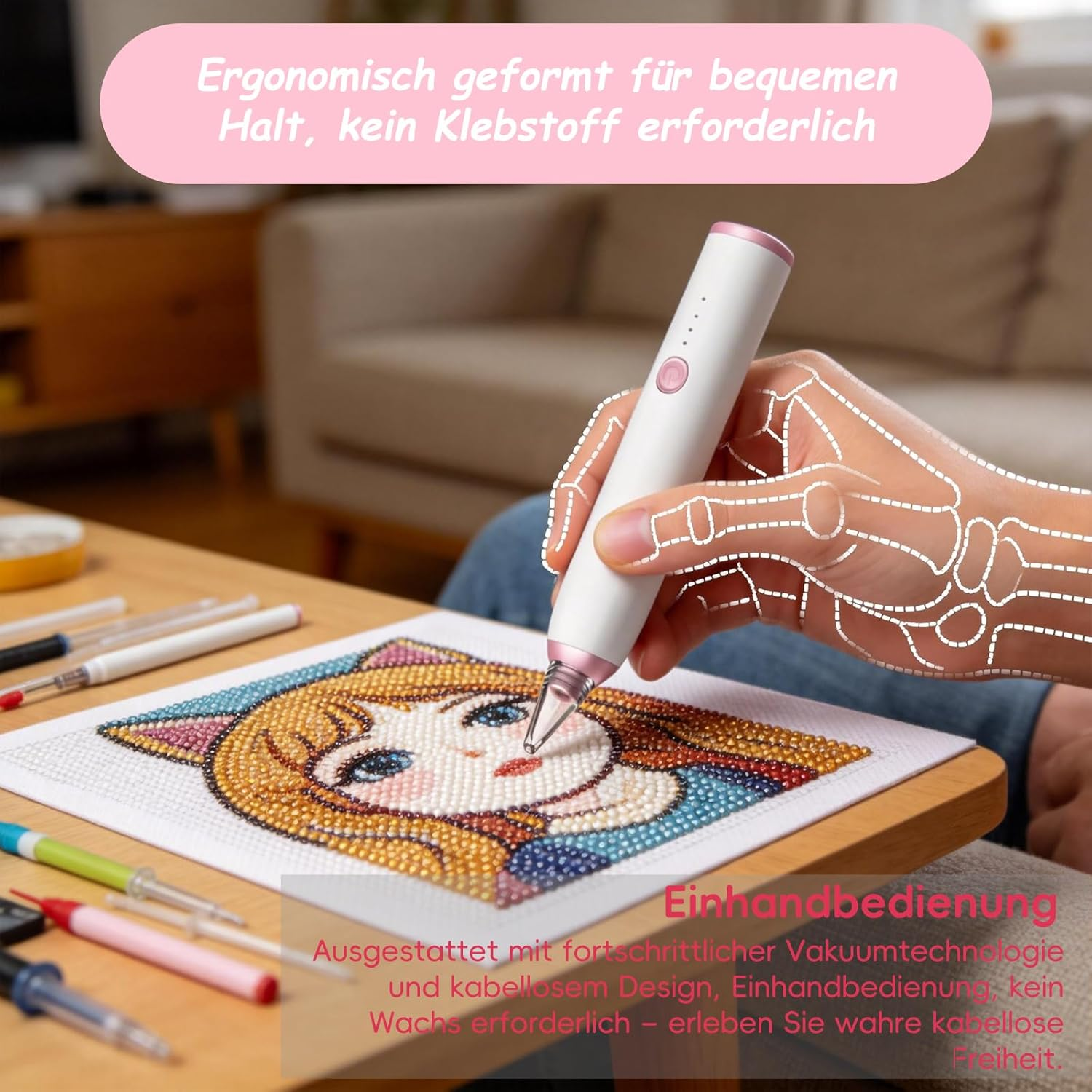 Ein weißer Diamantmalerei-Stift mit pinken Akzenten, der in einer Hand gehalten wird, um an einem Bild zu arbeiten.