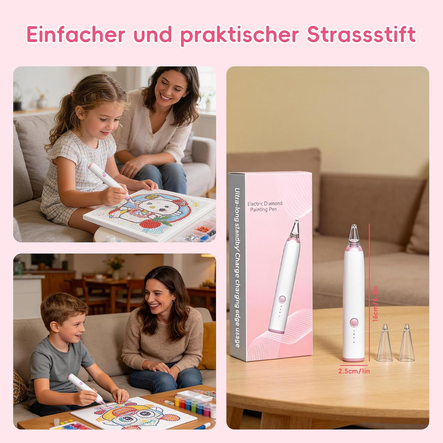 Ein Kind und eine Frau machen Diamantmalerei mit einem Stift. Daneben ein Stift und Verpackung.