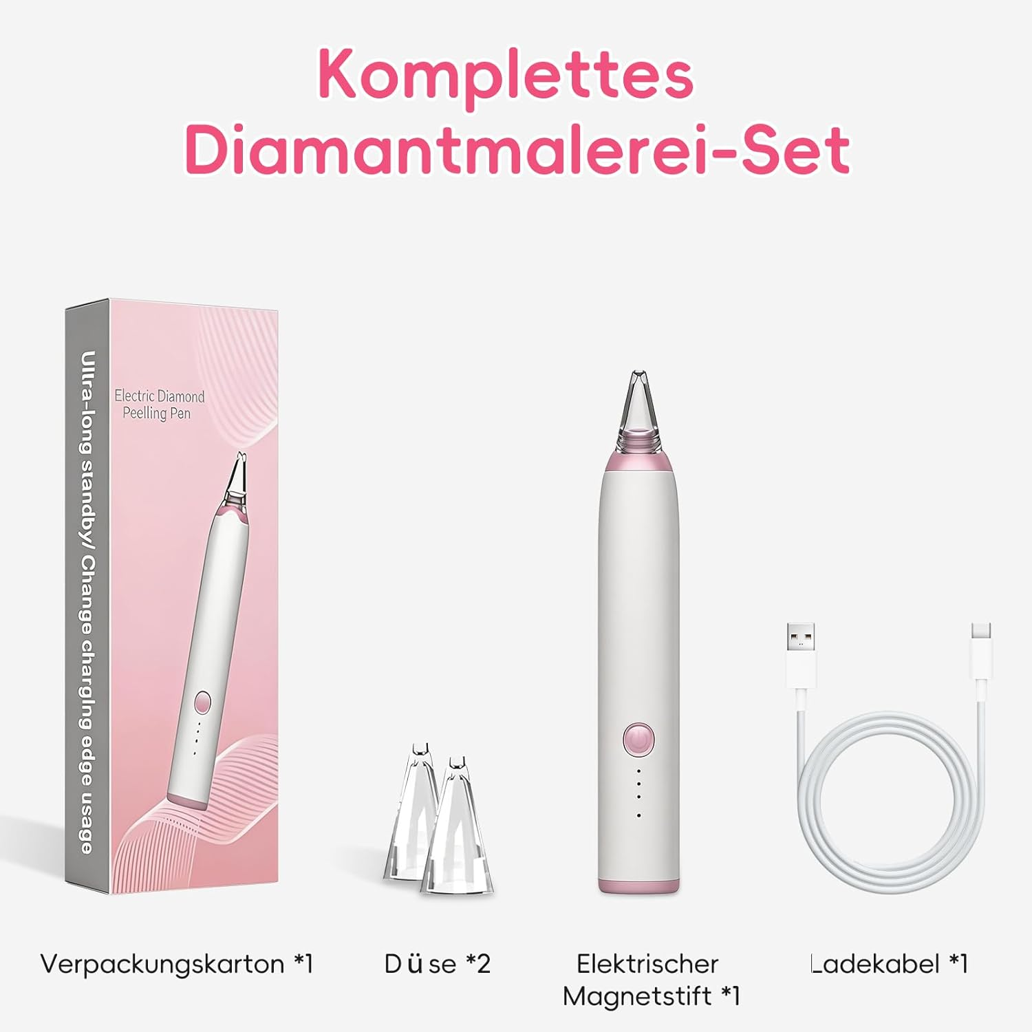 Ein Set für Diamantmalerei mit elektrischem Stift, Düsen, Ladekabel und Verpackung.