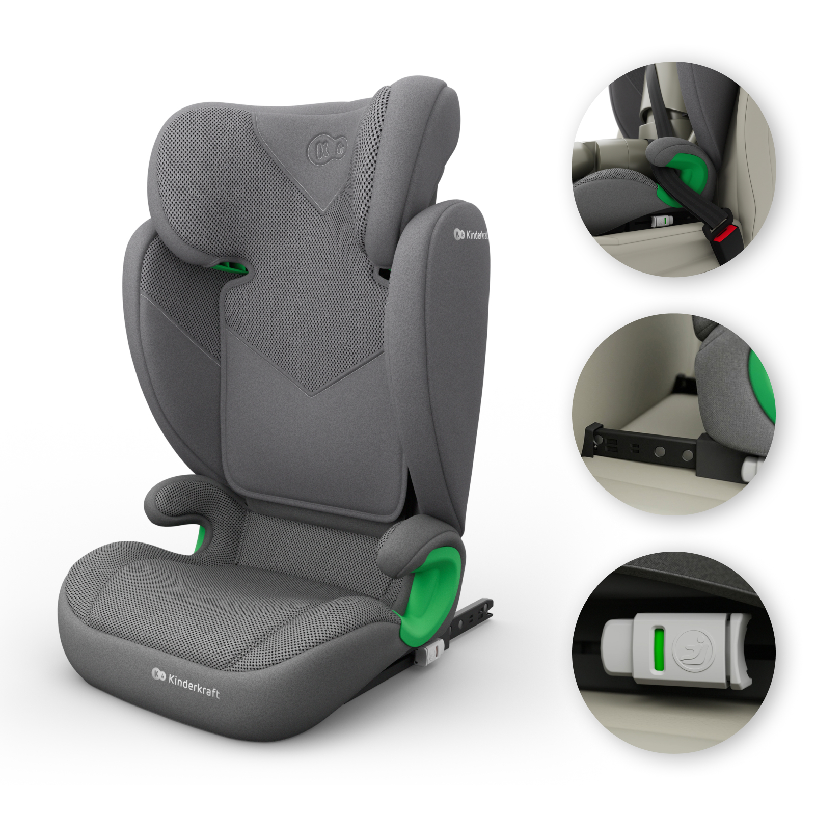 Grauer Kindersitz mit grünen Akzenten und ISOFIX-Befestigung.