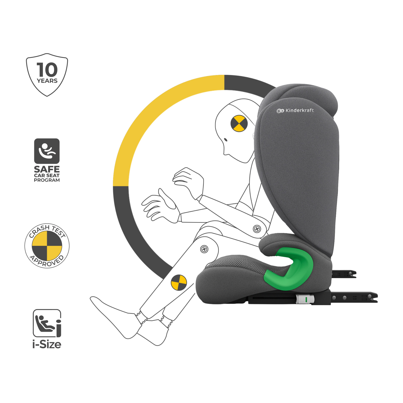 Grauer Autositz mit grünen Akzenten. Crash-Test-Dummy-Illustration.
