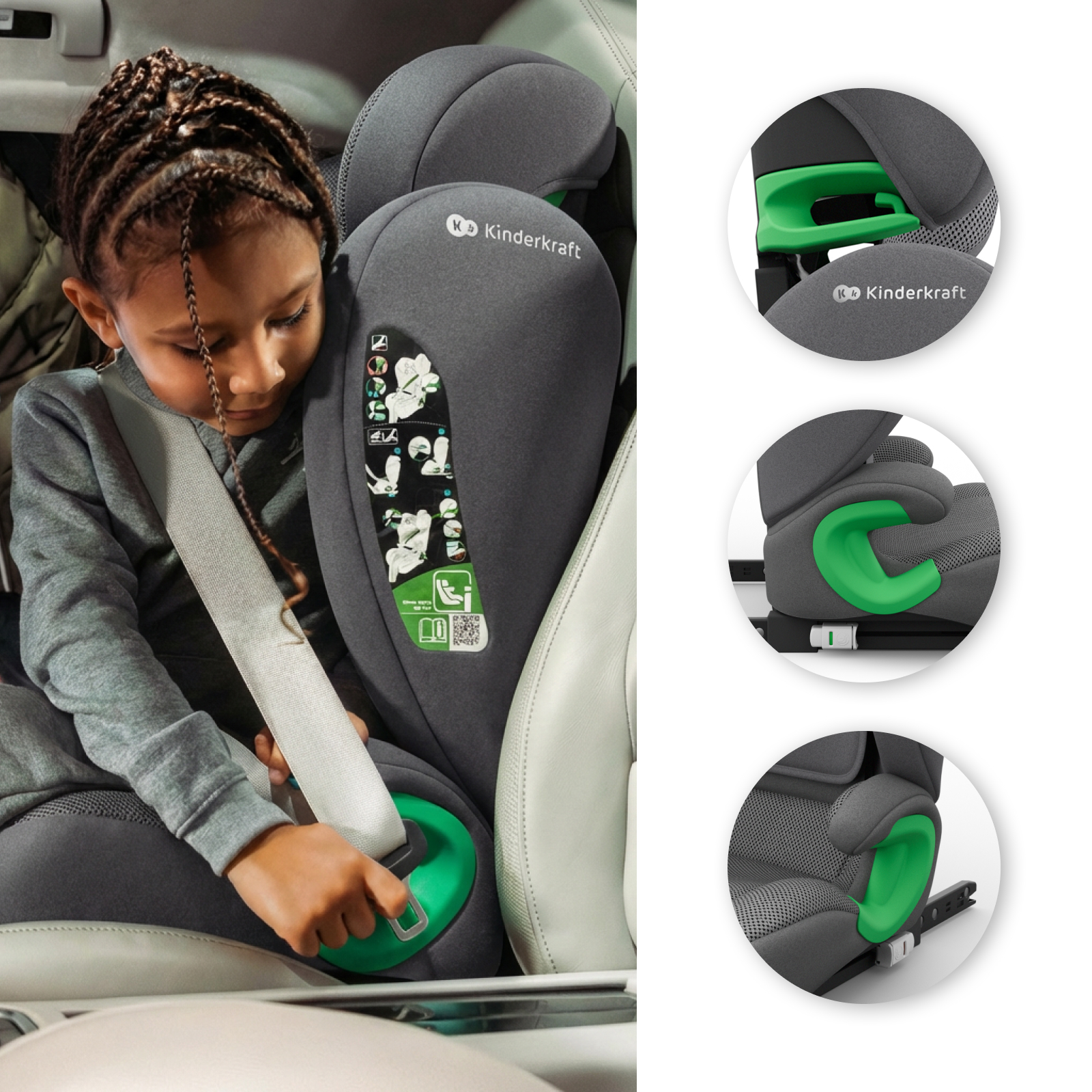 Ein Kind mit geflochtenen Haaren sitzt in einem Autositz und schnallt sich an.