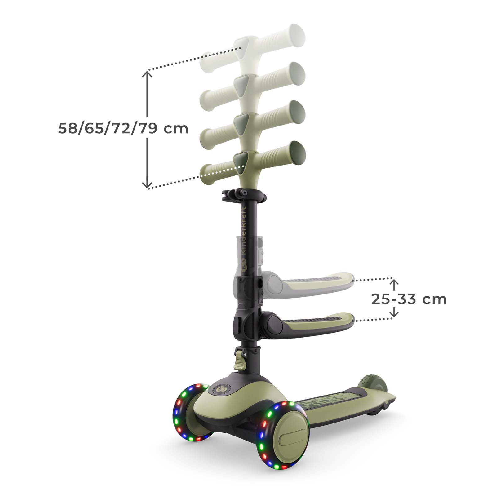 Ein grüner Roller mit verstellbarem Lenker und Sitz, beleuchteten Rädern.