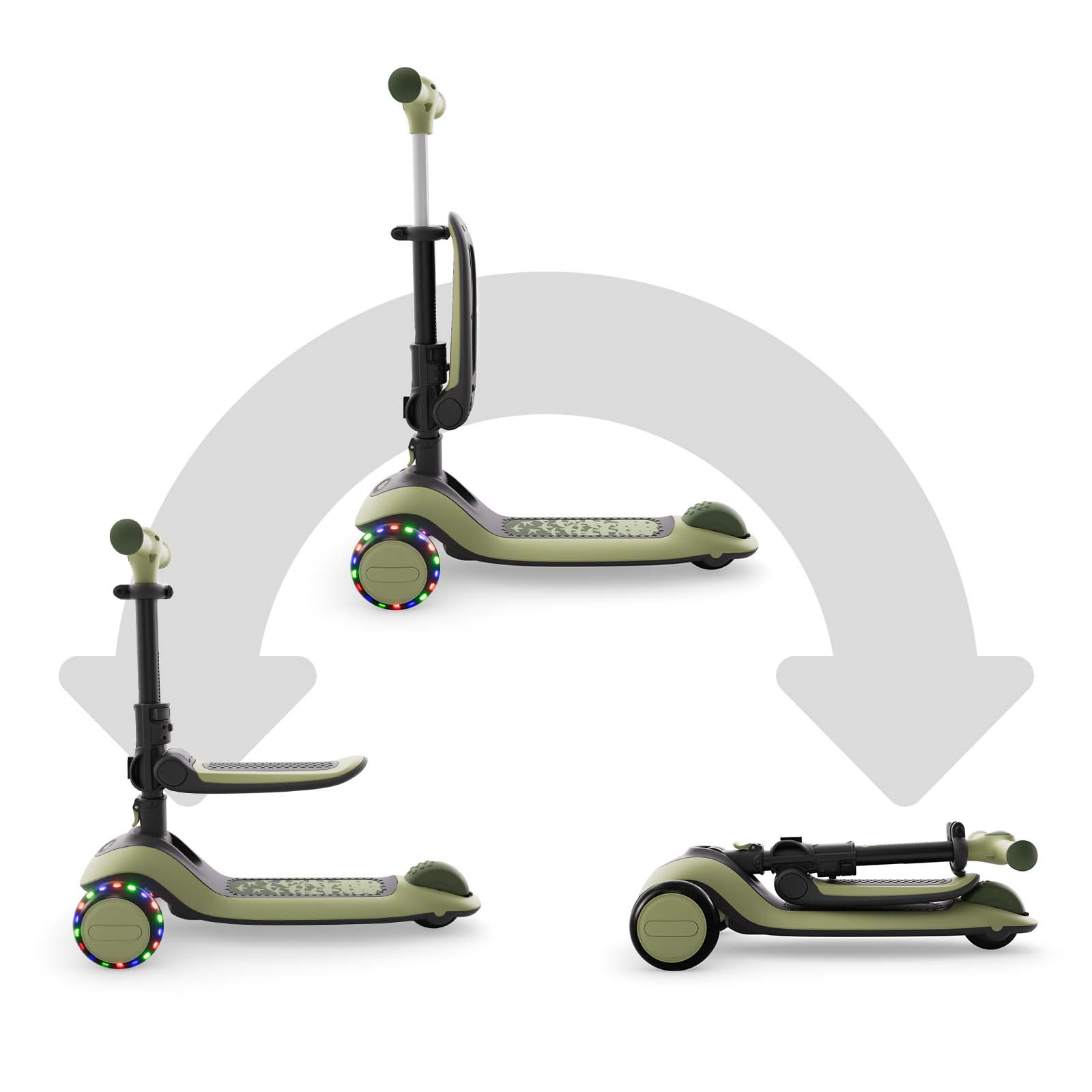 Ein grüner Roller mit leuchtenden Rädern, der sich in drei Positionen zeigt: aufrecht, mit Sitz und zusammengeklappt.