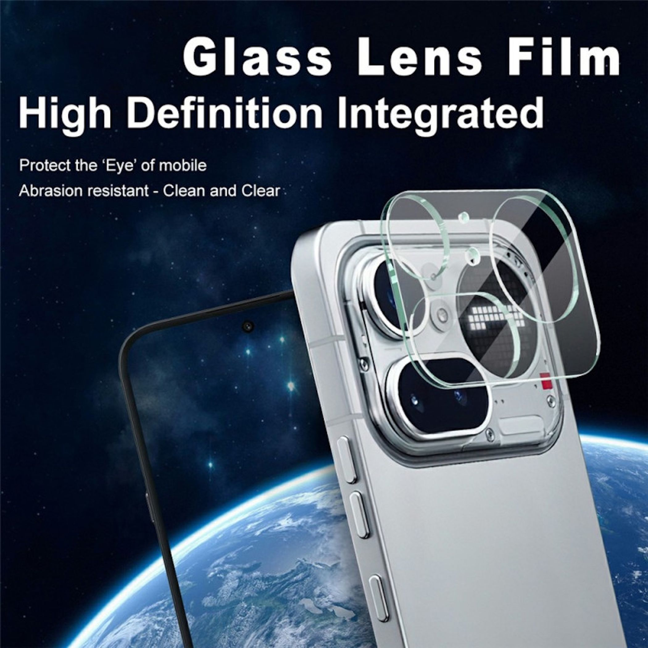 Glaslinsenfolie auf einem silbernen Handy mit der Erde im Hintergrund.