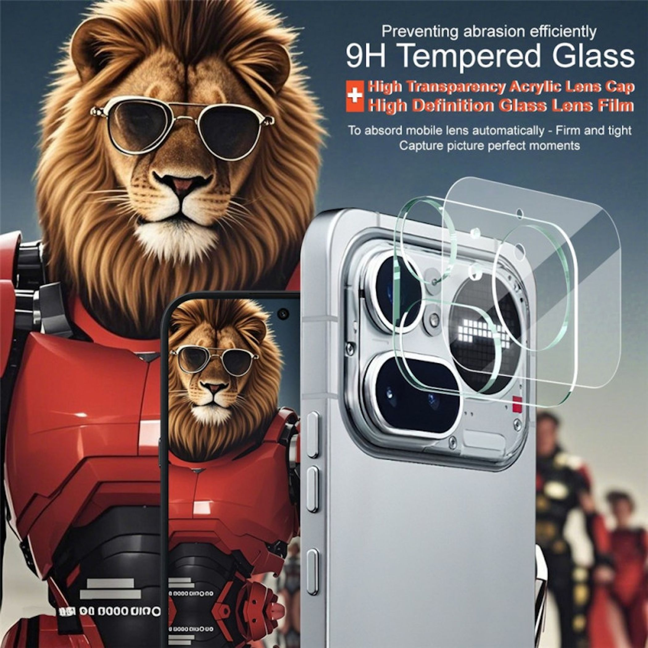 Löwe mit Sonnenbrille, Roboter-Körper und Handy-Bildschirm. Panzerglas gezeigt.