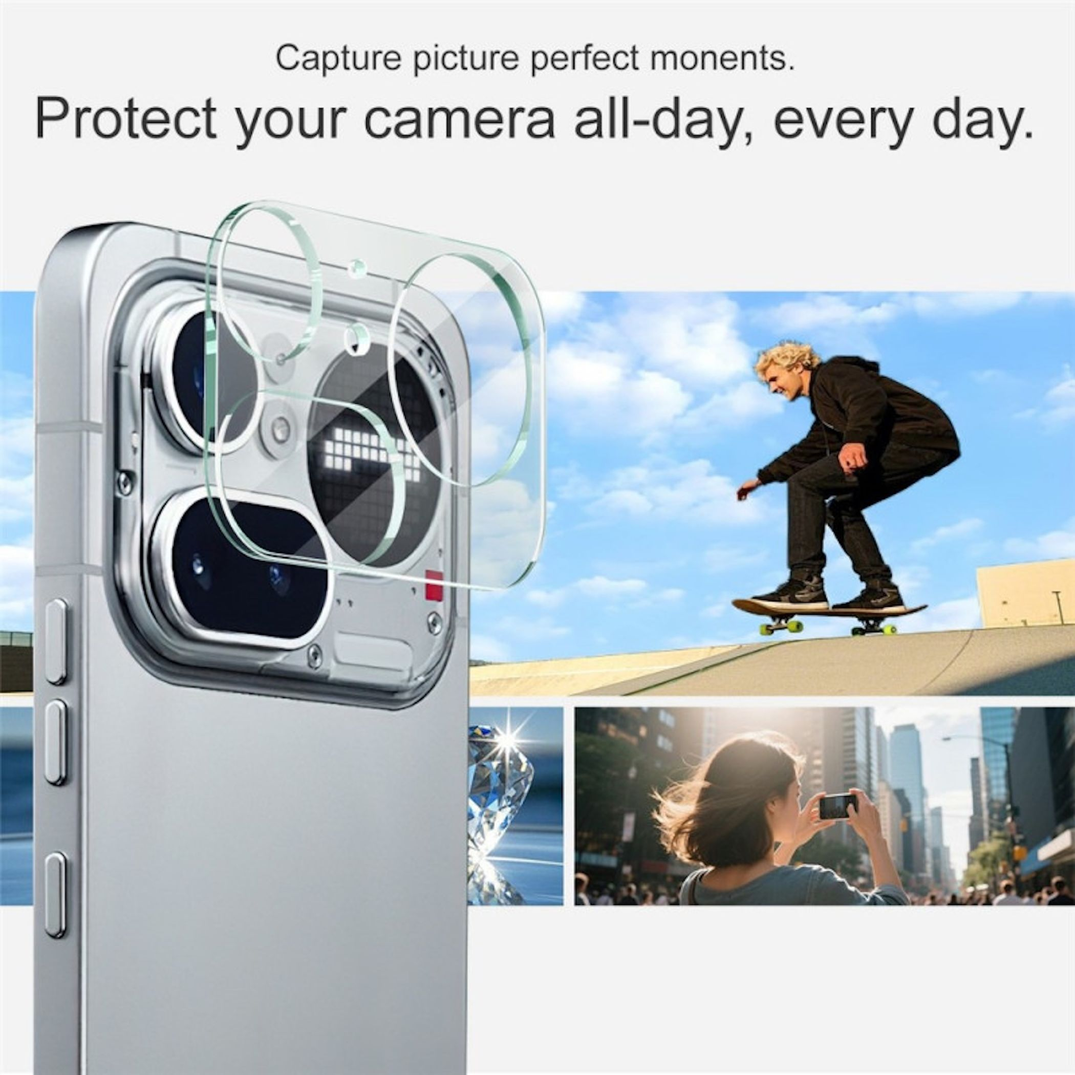 Ein Smartphone mit Kameraobjektiven, ein Skateboarder und eine Frau, die ein Foto macht.