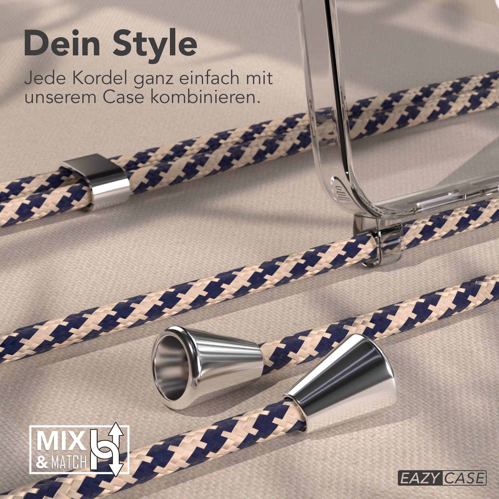 Ein durchsichtiges Handyhülle mit Kordel in Beige und Dunkelblau.