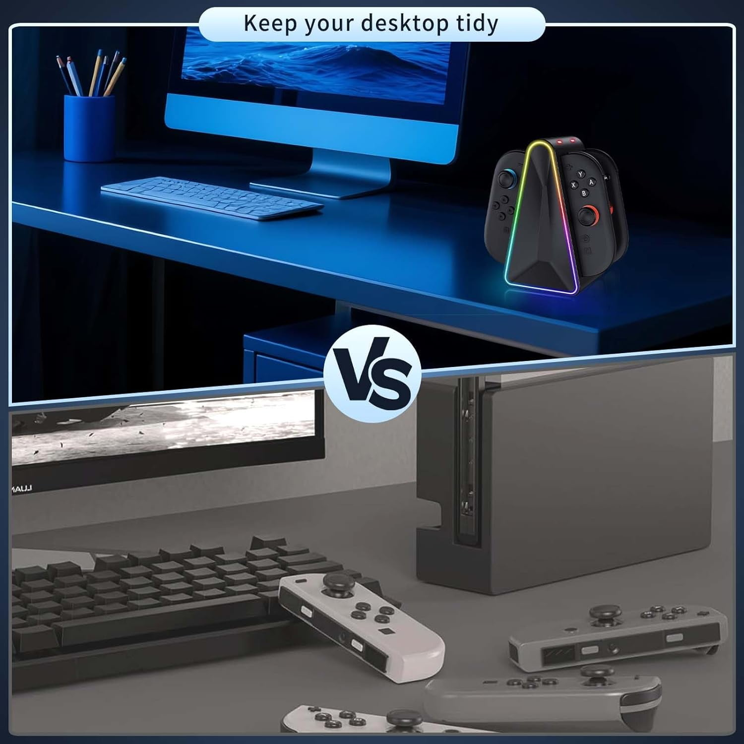 Ein Schreibtisch mit Computermonitor, Tastatur und Griffen, daneben ein Lade-Dock mit RGB-Licht.