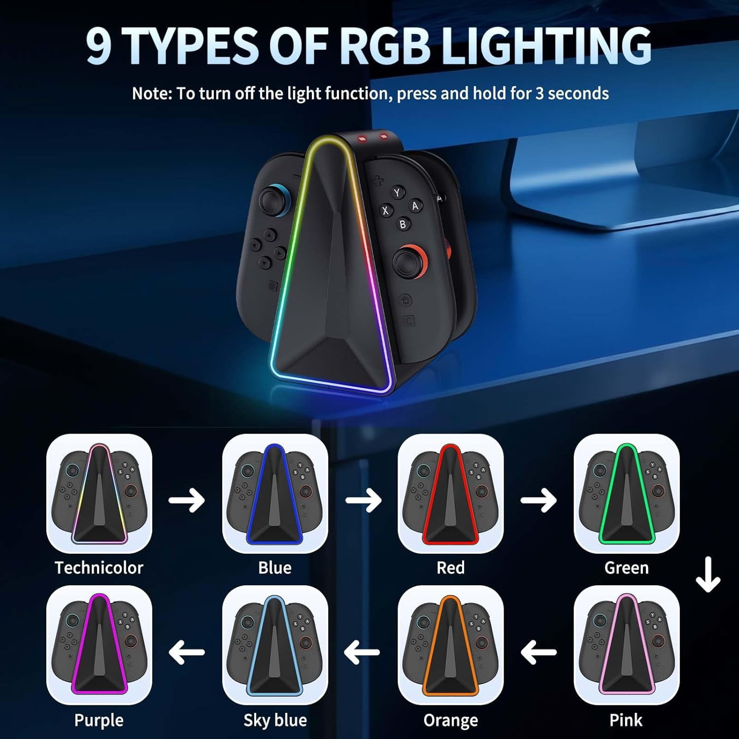 Ein RGB-Ladezubehör für Controller mit verschiedenen Lichtmodi.
