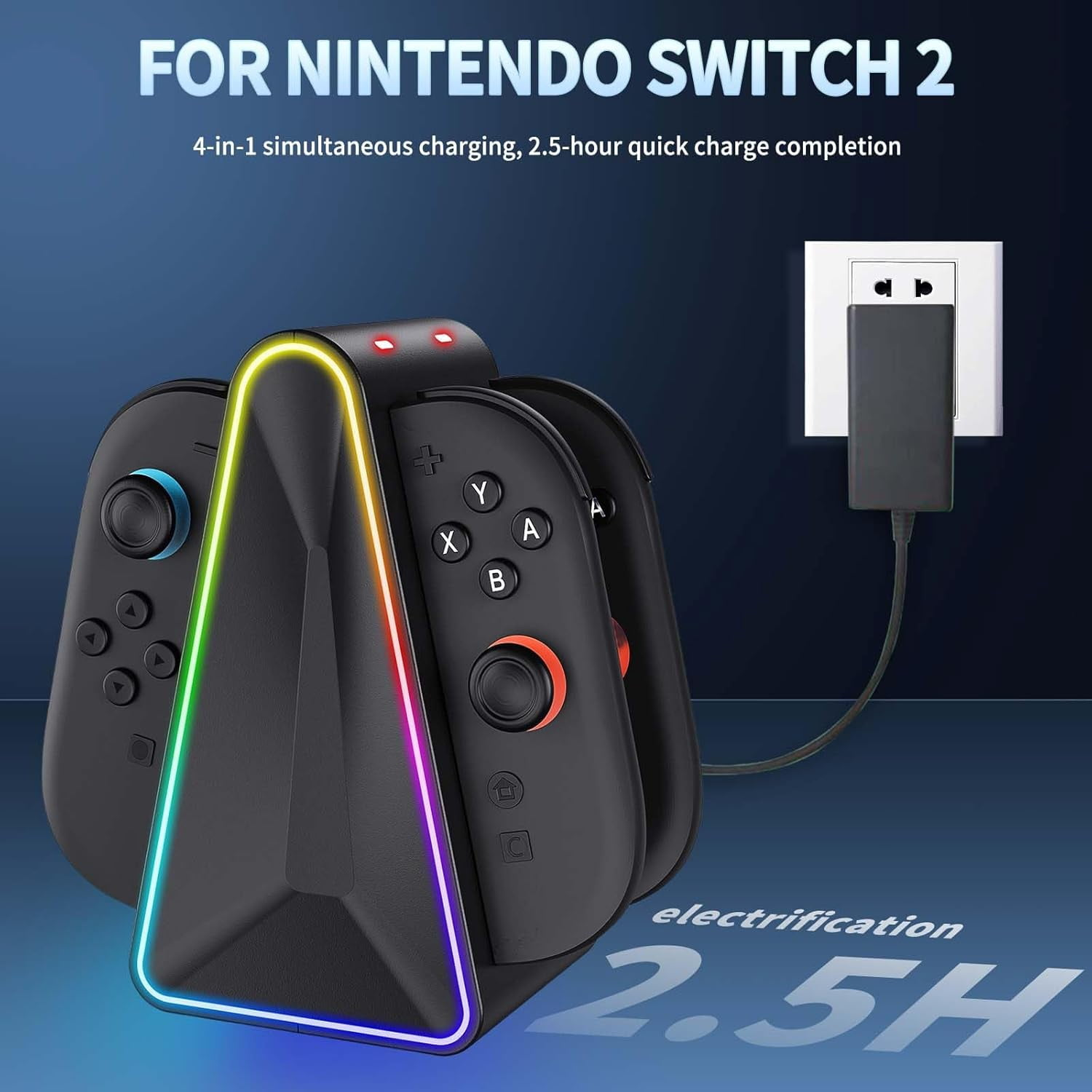 Ein schwarzes Ladegerät mit Regenbogen-LEDs für Nintendo Switch-Controller, an eine Steckdose angeschlossen.
