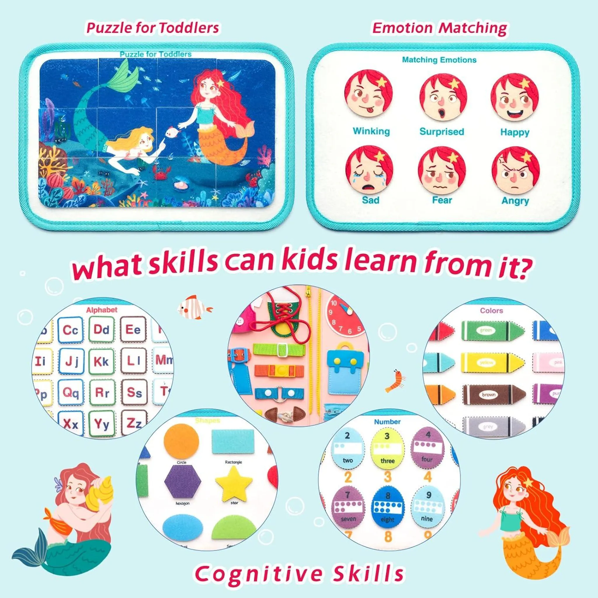 Lernspielzeug für Kleinkinder mit Puzzles, Emotionen, Alphabet, Farben, Formen und Zahlen.