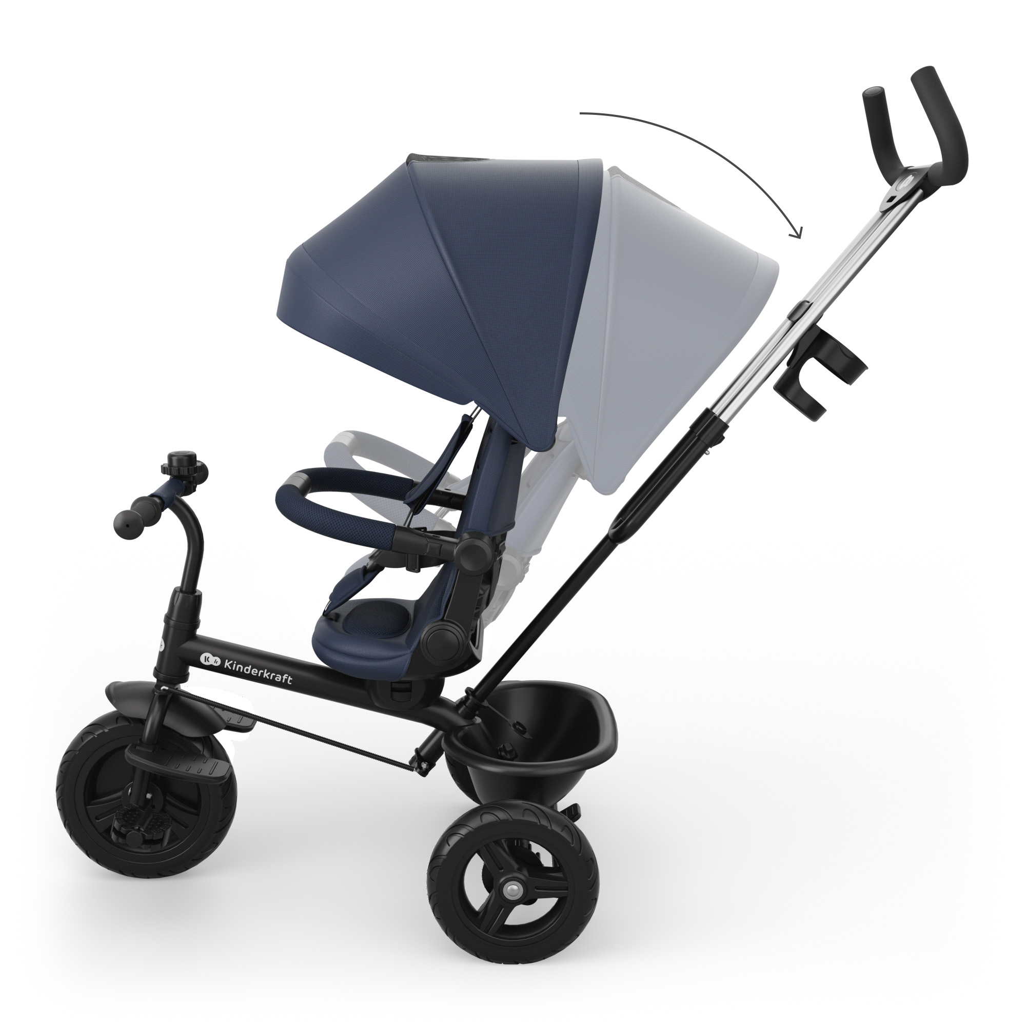 Triciclo infantil azul con capota y barra de empuje.