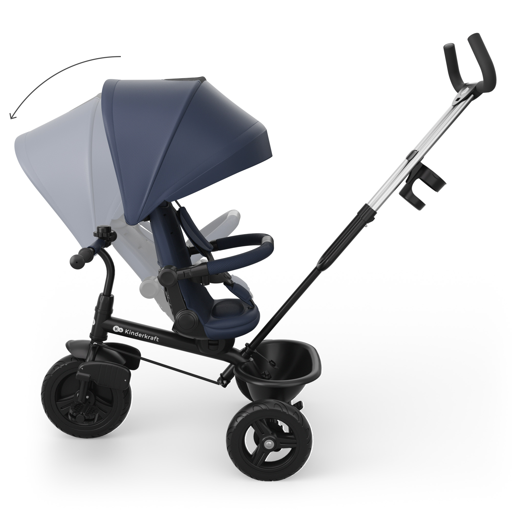Triciclo infantil azul con capota y manillar regulables.