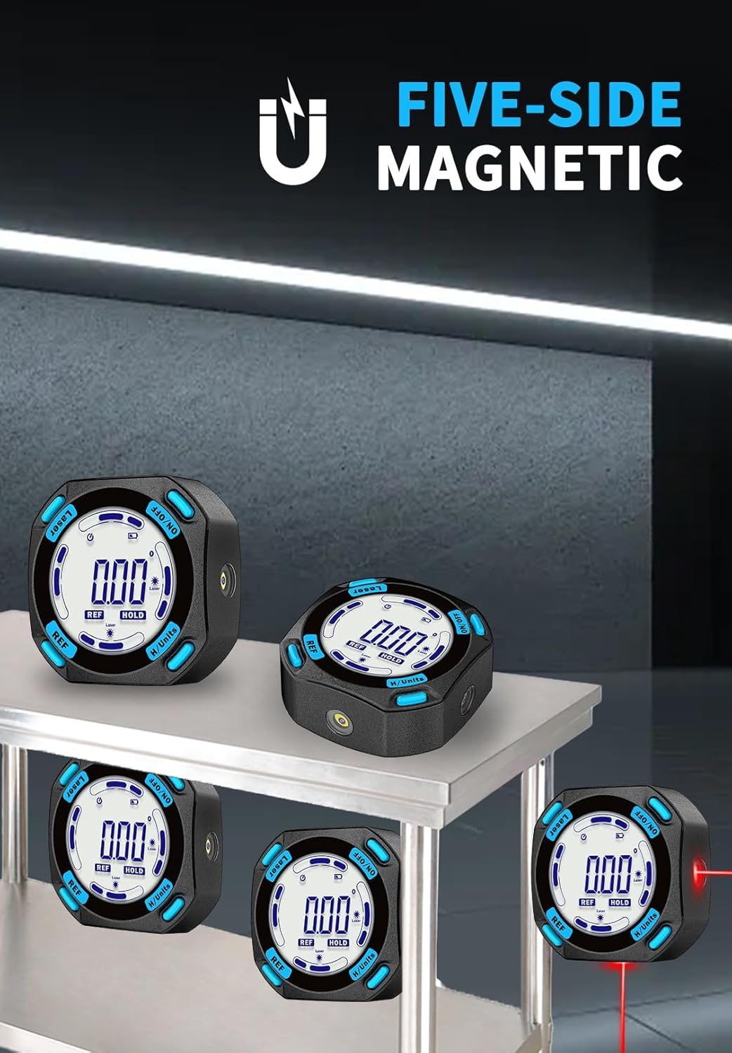 Fünf digitale Winkelmesser mit LCD-Anzeige auf einem Metallregal.