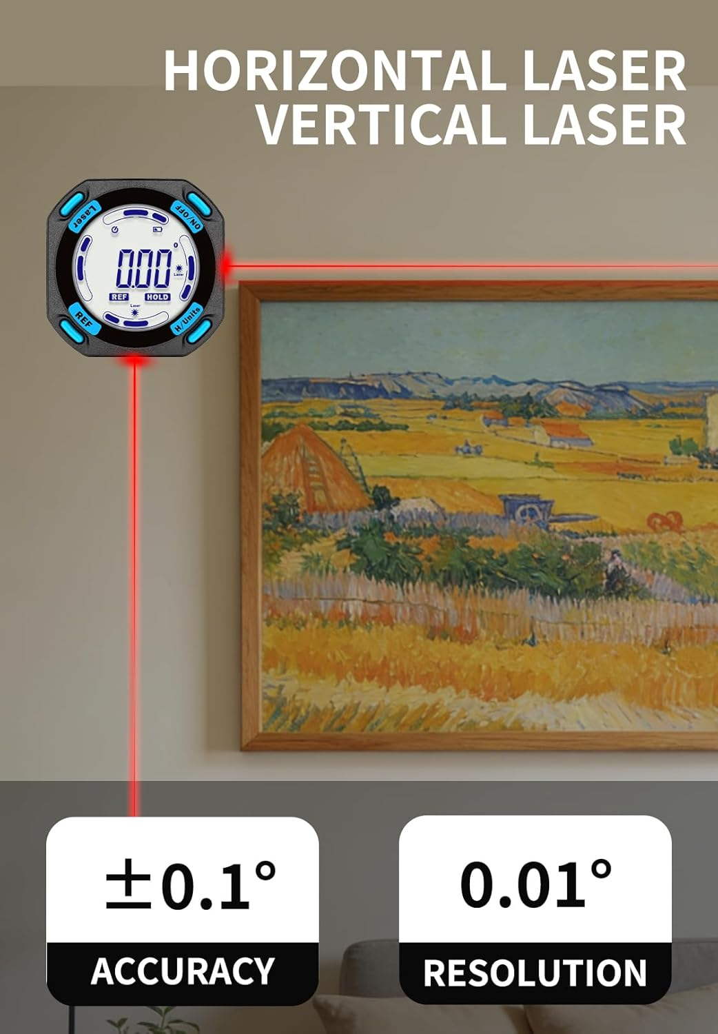 Ein digitales Messgerät mit roten Laserlinien, das eine Genauigkeit von ±0,1° anzeigt.