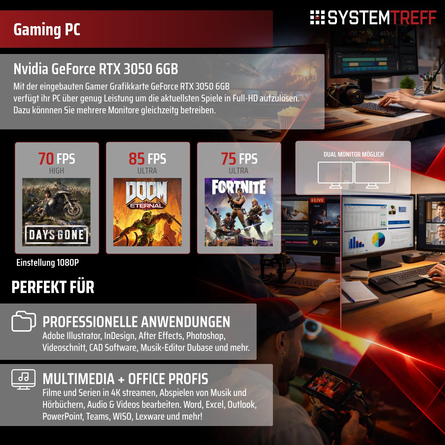 Gaming PC mit Nvidia RTX 3050 6GB. Zeigt Spiele-Benchmarks und professionelle Anwendungen.