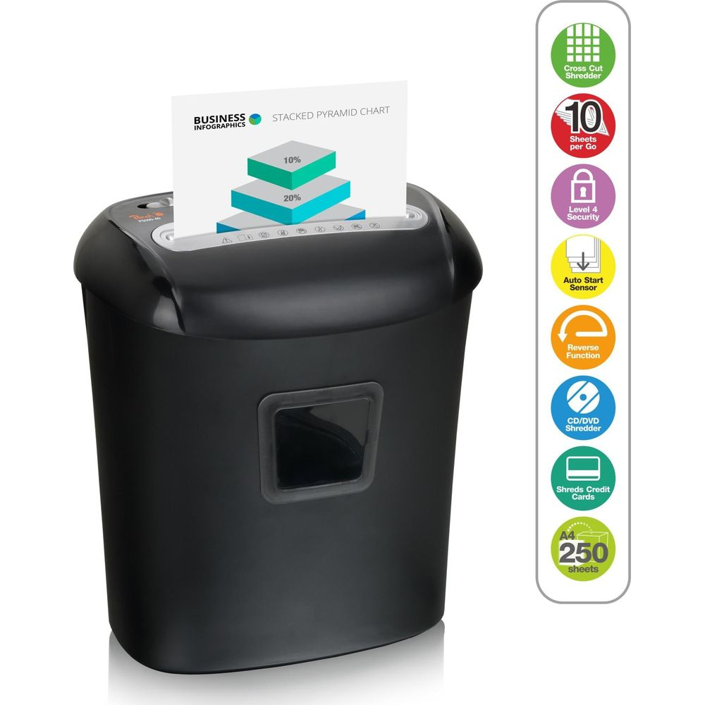 Déchiqueteuse noire avec documents et icônes indiquant les fonctions.