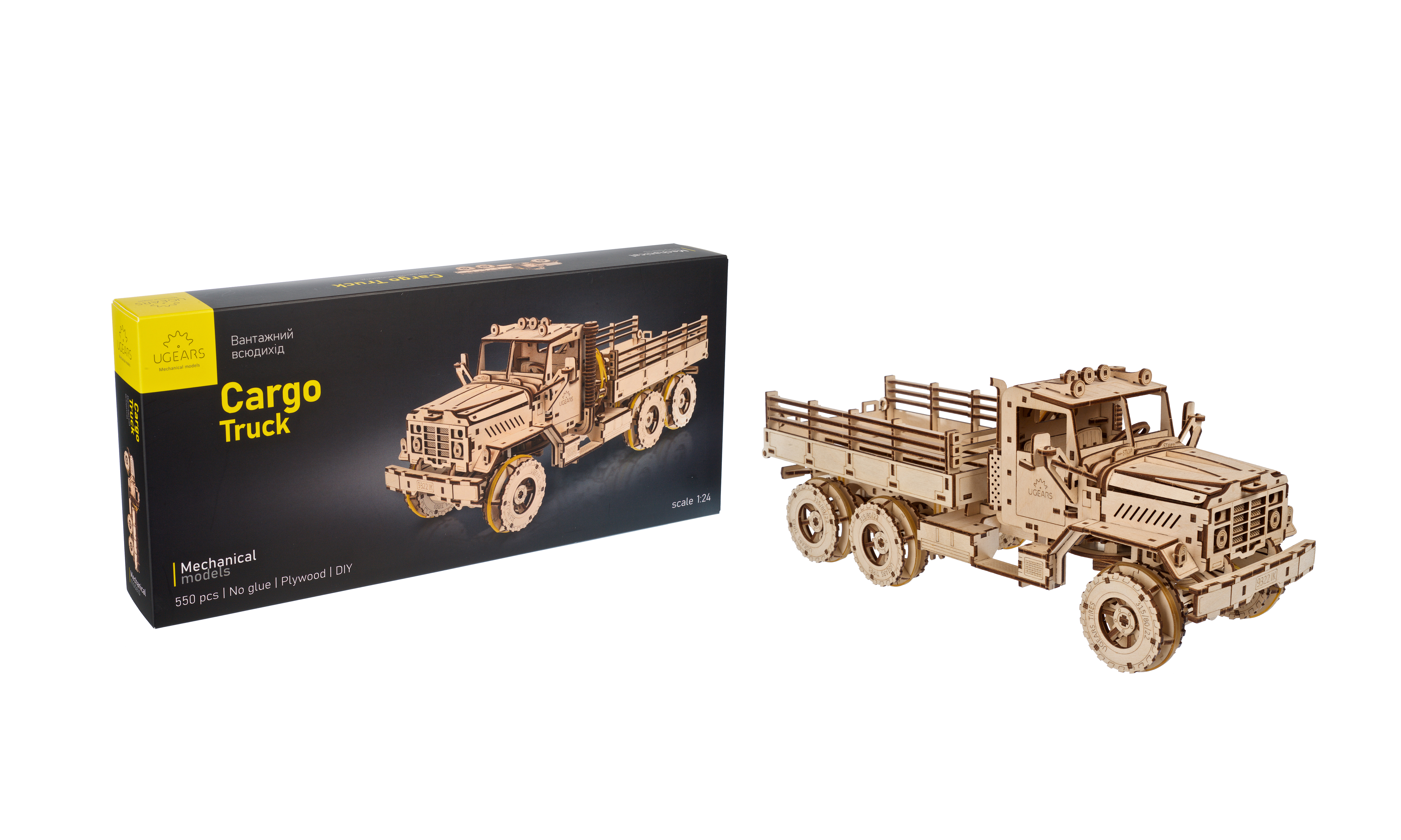 Ein Holzmodell eines Lastwagens und seine Verpackung, die detaillierte Informationen anzeigt.