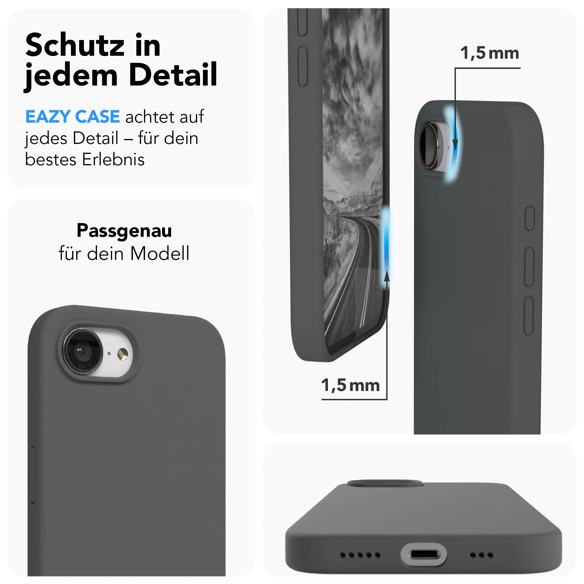 Graues Handy-Case mit präzisen Ausschnitten und 1,5mm Kanten.