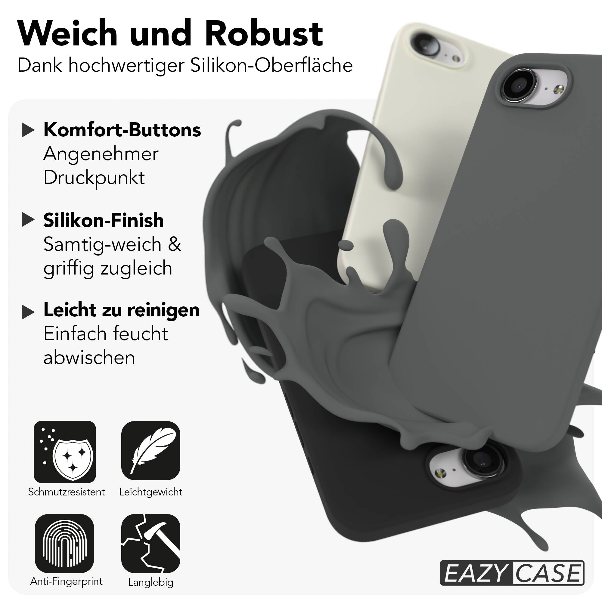 Graue und weiße Handyhüllen mit Silikon-Oberfläche und Spritzern.