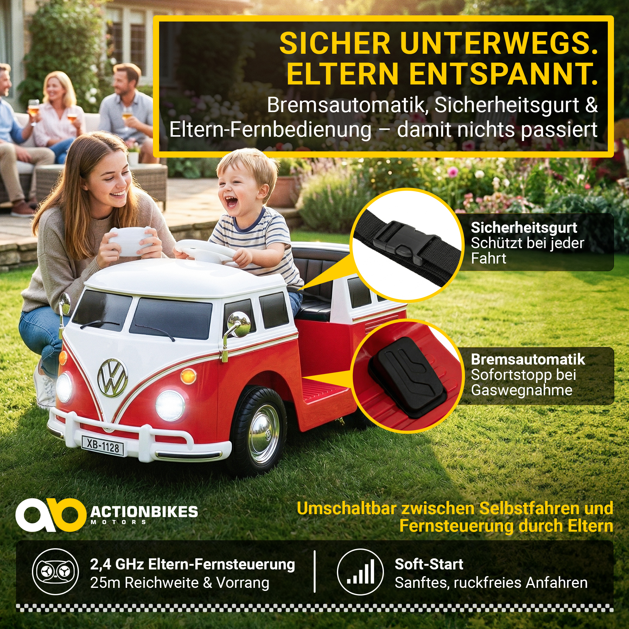 Ein rotes VW-Bus-Spielzeugauto mit einem Jungen und einer Frau draußen.