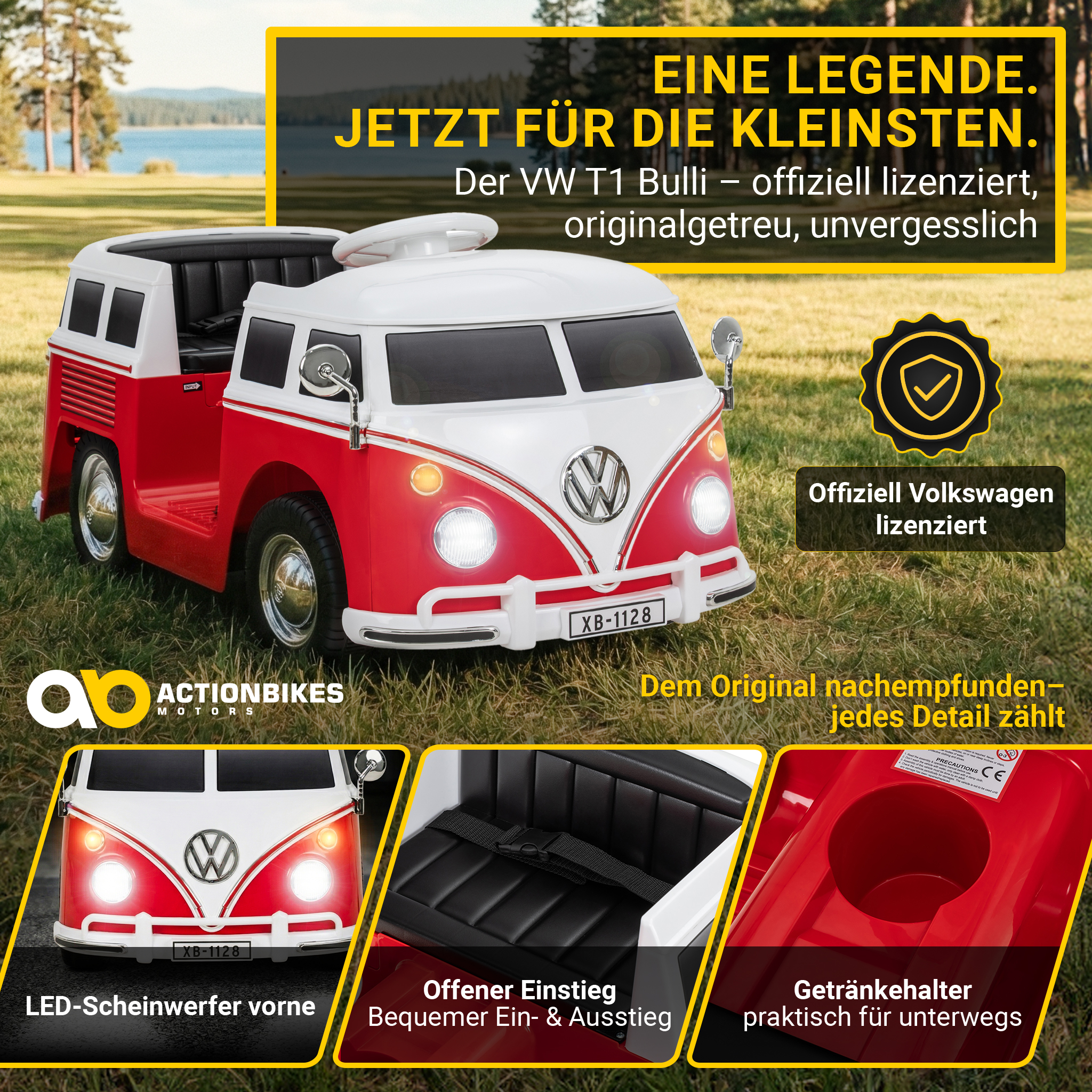 Ein roter und weißer VW T1 Bulli Spielzeug-Bus steht auf Gras. Mit Text.